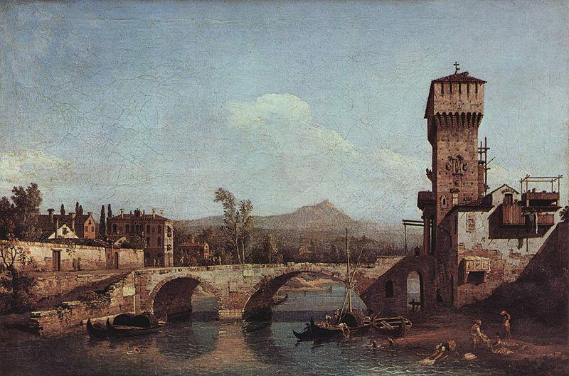 Bernardo Bellotto Capriccio Veneto, Flub, Brucke und mittelalterliches Stadttor